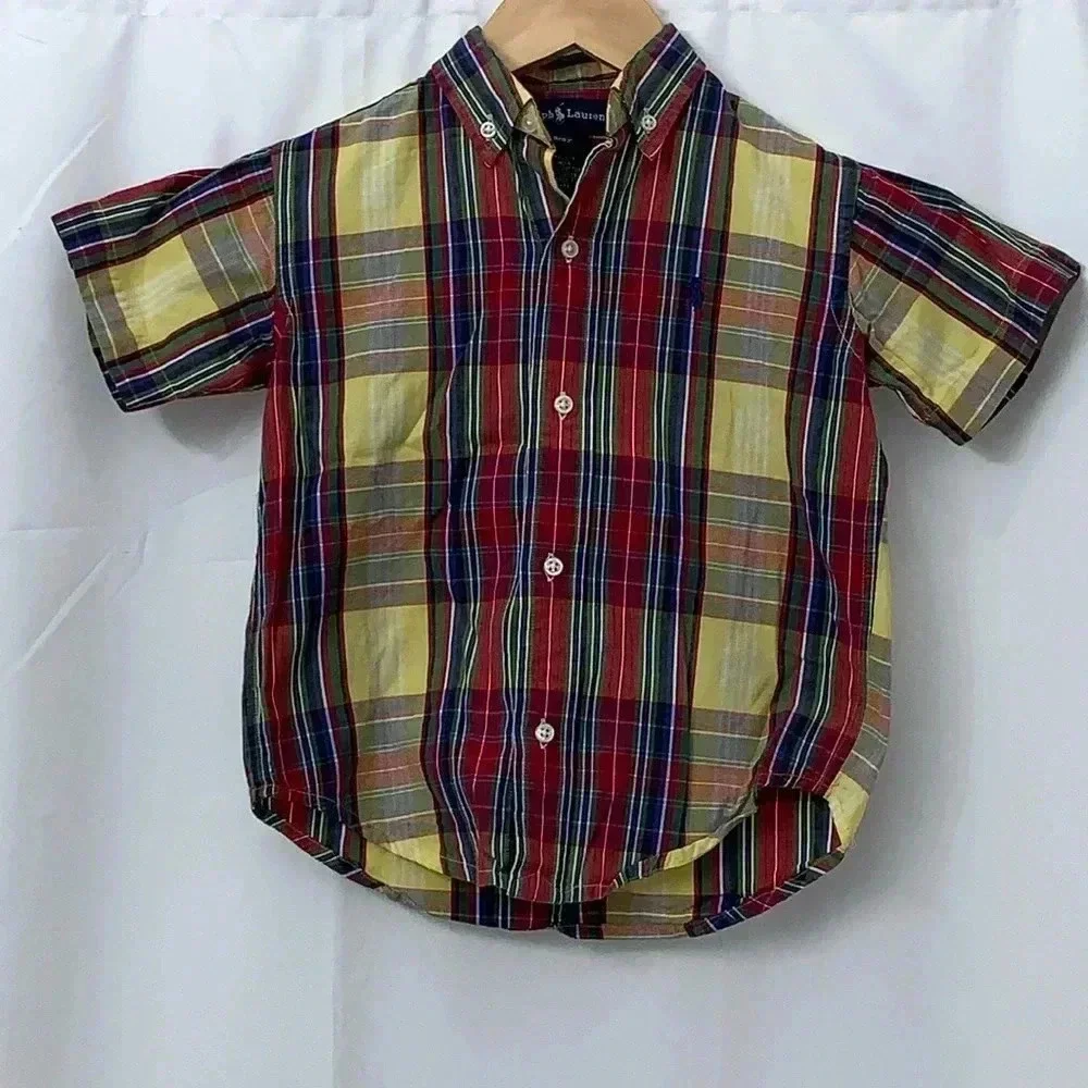 Boys Ralph Lauren Short Sleeve Plaid‎ Button Down Shirt Size 3T EUC